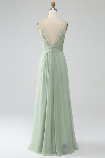 Dusty Sage A-Line Spaghetti Straps Pleated Chiffon Long Bridesmaid Dress